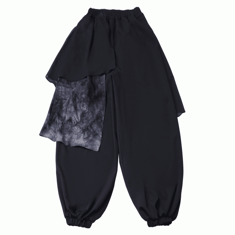 Casual Pants Elastic Waist and Cuffs Dye Black Style Tie Mesh Patchwork Cheongsam