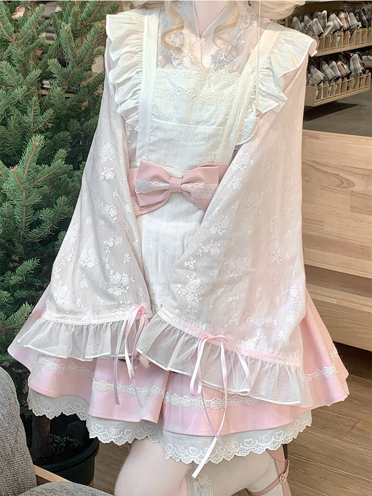 Pink & White Sakura Jirai Kei Full Set-Bell Sleeves Top+Puff Skirt+Apron Cherry Blossom Festival Wa Style Outfit