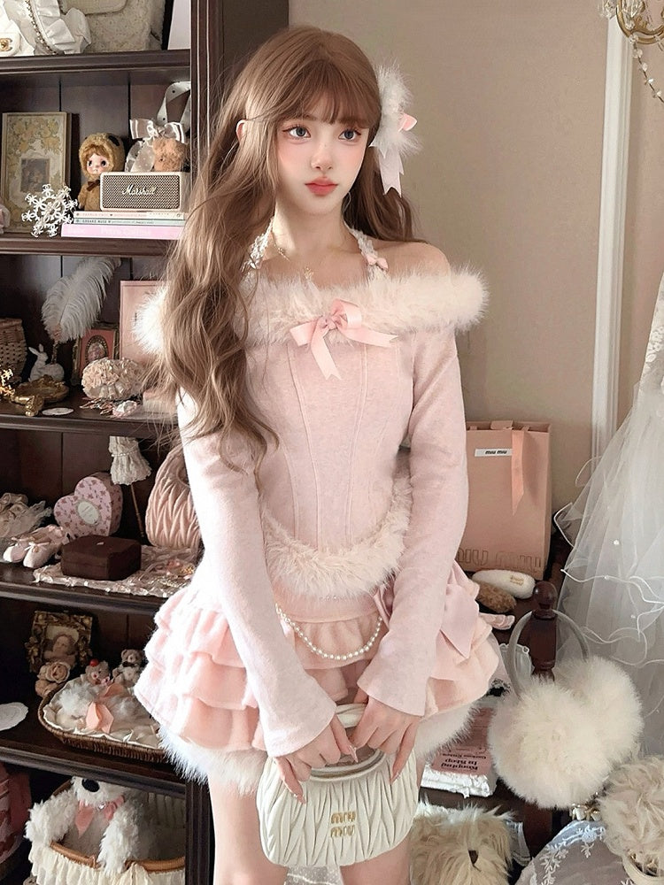 Off-Shoulder Knit Top With Faux Fur Charming Bow Accent Pink