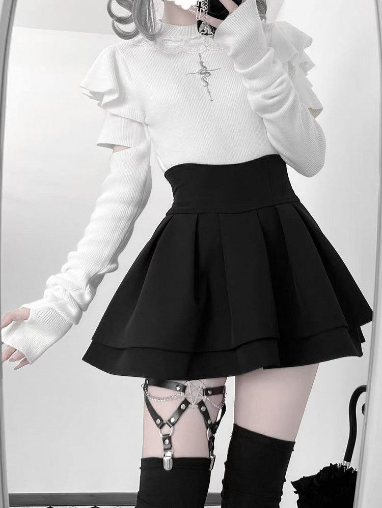 White Embroidery Neck Knit Mock Flutter Gothic Top Sleeves Snake with