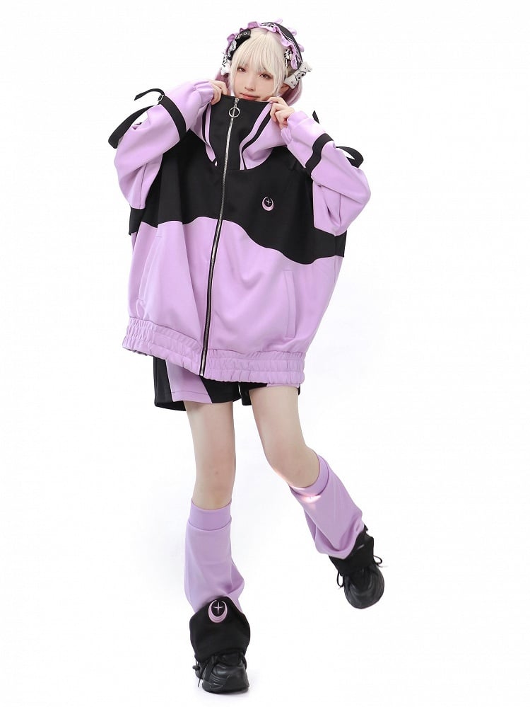 Purple Front Up and Long Sweatershirt Sleeves Jirai Zip Jacket Black Kei