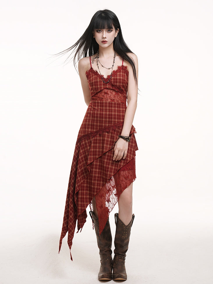 Handkerchief Hem Cutout Midriff Cami Dress Red Plaid V-neck