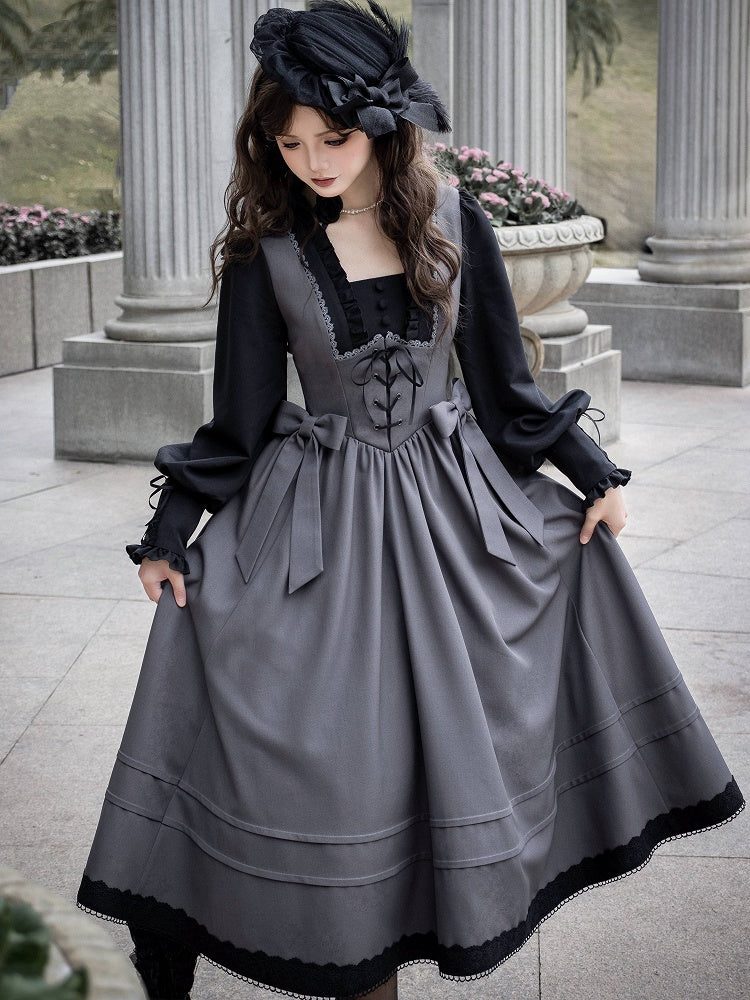 Black and Gray Elegant Square Neckline Spring Long Bishop Sleeves Lolita Dress