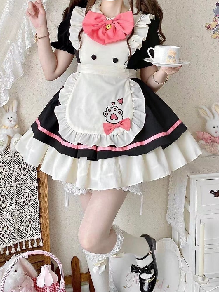 Black and Pink Sweet Maid Lolita Kitty Paw Apron Dress