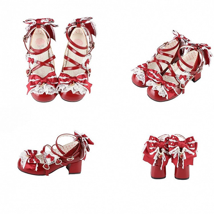 Süße Riemen Kreuzschnalle Rot 2CM/5CM Block Lolita Details Design Schuhe Herz Heels Bowknot