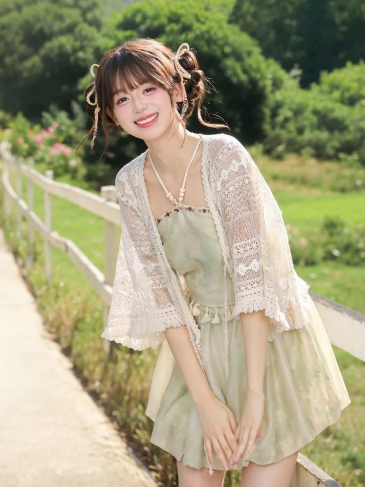 Fringe Hem Holiday Top Light Green Halter Neck Floral Print