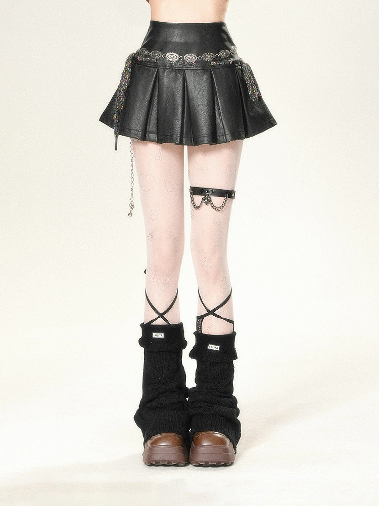 Mini Skirt Black High Waist Box Pleat PU