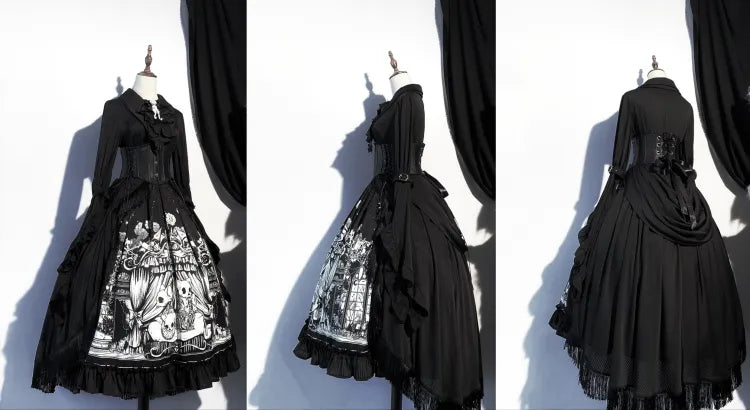 Sleeves Dark Belt Available Black Corset Gothic Plus Set Long - Full Lolita Skirt Sizes Shirt +
