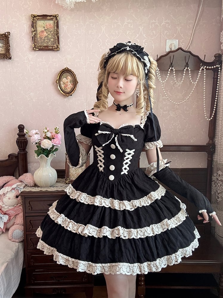 and Lolita Waist One Lace Piece Basque School Dress Beige Old Black Trim