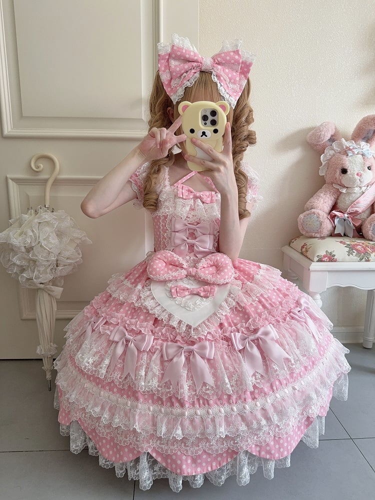 Dress Bow Lolita Pattern Pink Sleeves School Short Accents Old Sweet Polka Dots