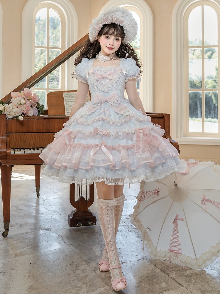 Short Sweet Lolita Princess and Details Bows Pink Blue Striped Dress Bead Sleeves