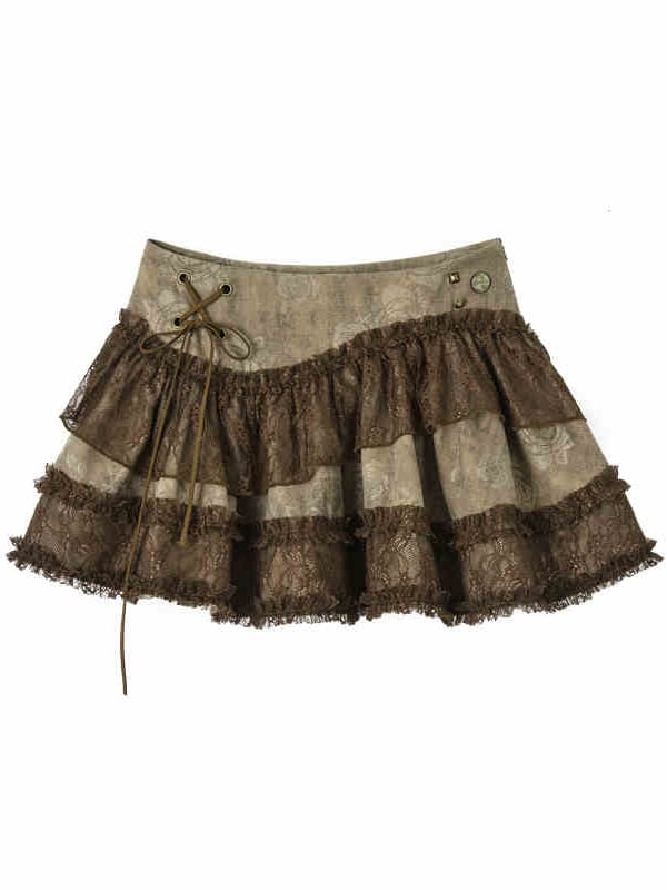 Kaffeefarbener Vintage-Minirock mit niedriger Taille und asymmetrischer Spitze