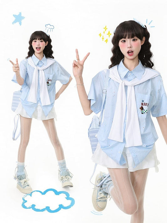 Short/long Sleeves Shirt with Decorated Blue Faux Sleeves and Adorable Dog Embroidery