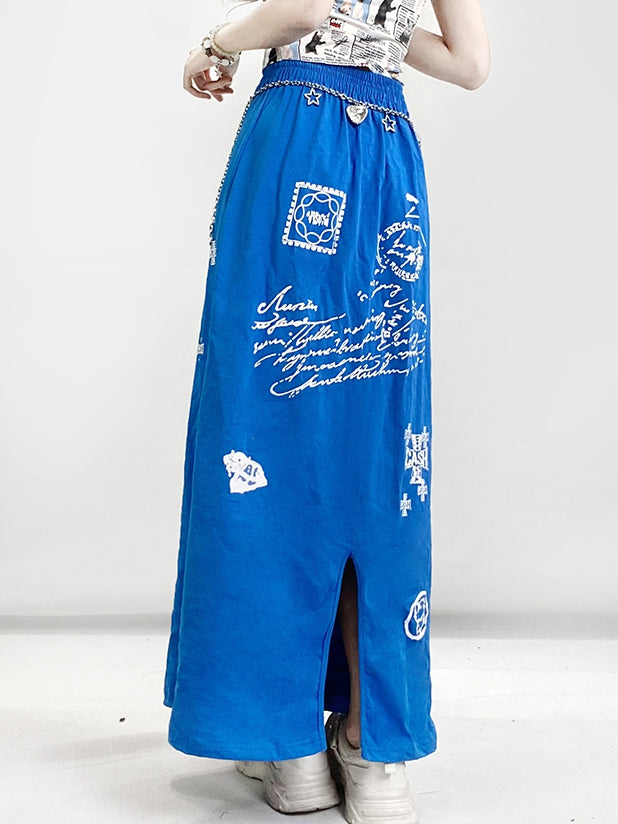 Blue Y2K A-Line Skirt With Letter Sailboat And Cross Prints