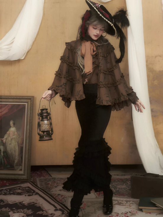 Skirt Fish-Tail Black Layered Ruffles Gothic Lolita with