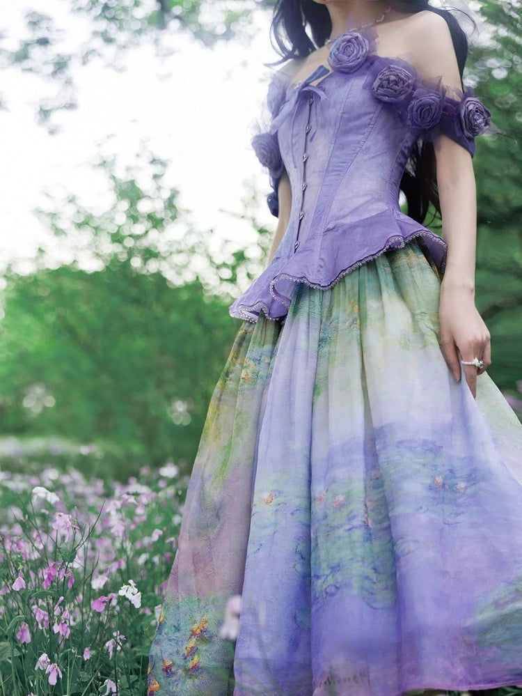 Boned Corset Top with Detachable Floral Adornments Purple Flounce Hem