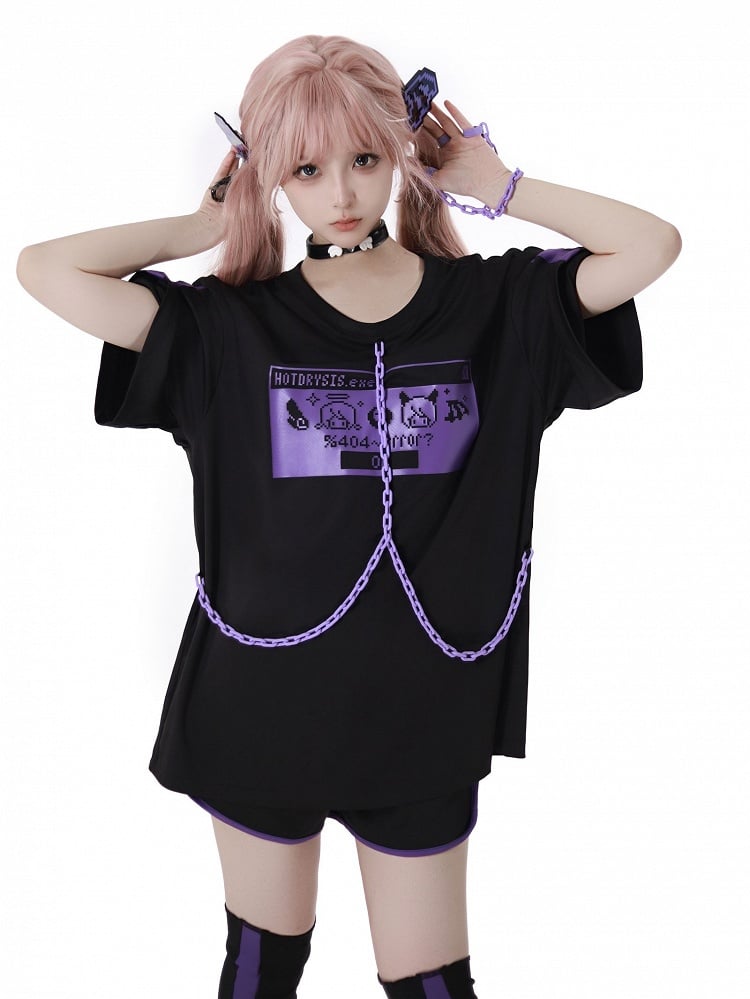 Lila mit und Pixel Zeichen Druck Kette Design Jirai Kei T-Shirt Ring Armband Finger Schwarz