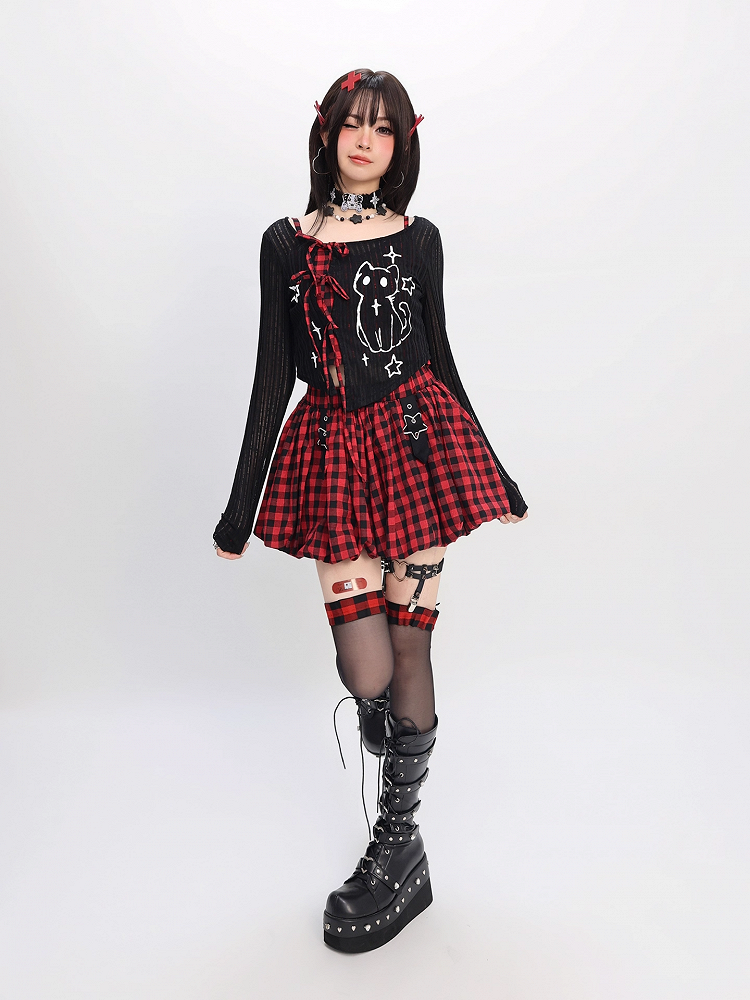 Y2K Coverup Set Plaid Cami Top with Kitten Print Black Red/Gray