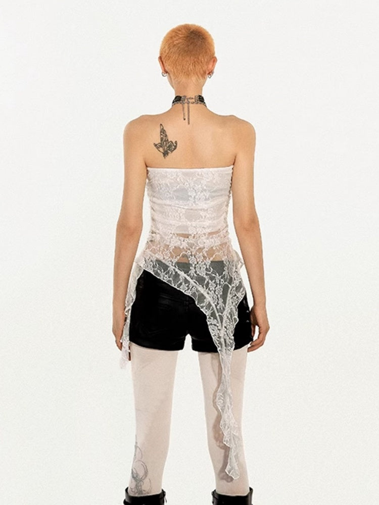 Sheer Tube White Lace Punk Y2K Top with Rhinestone Cross