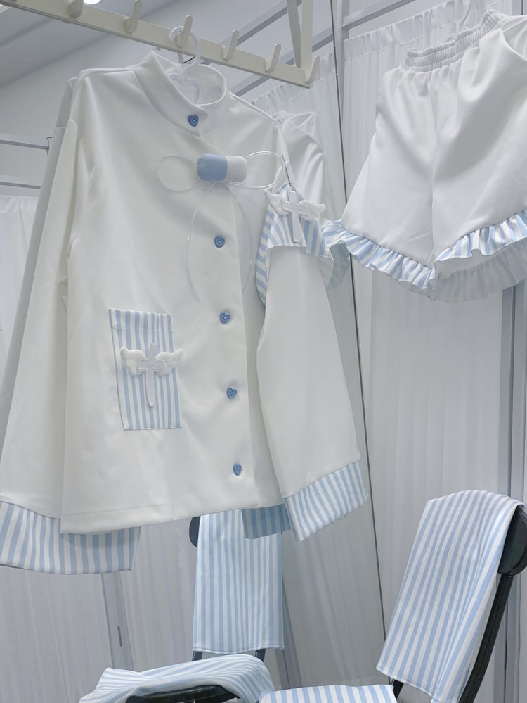 Tenshi Kaiwai Weiß & Blau Streifen Yami Kawaii Komplettset