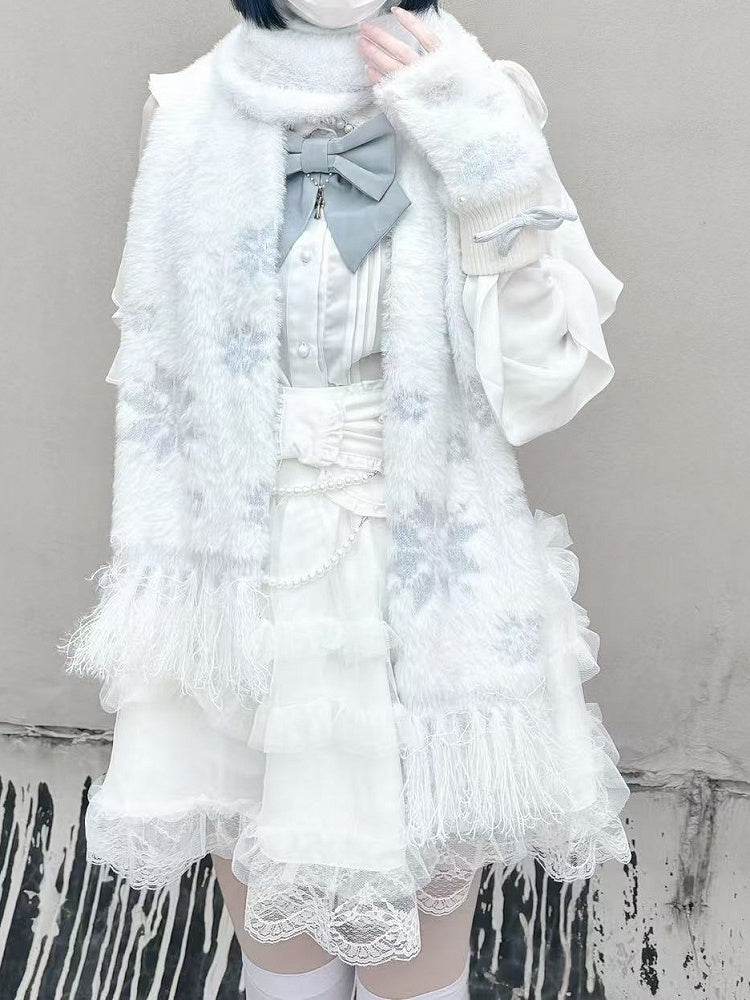 Fingerlose Strickhandschuhe mit Schneeflockenperlen-Akzenten, silberner Schleife und Weiß