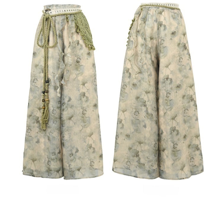 Dye Wide-Leg Pants Mori Kei Green Tie Accessory Regular/Short Detachable Version with Knitted