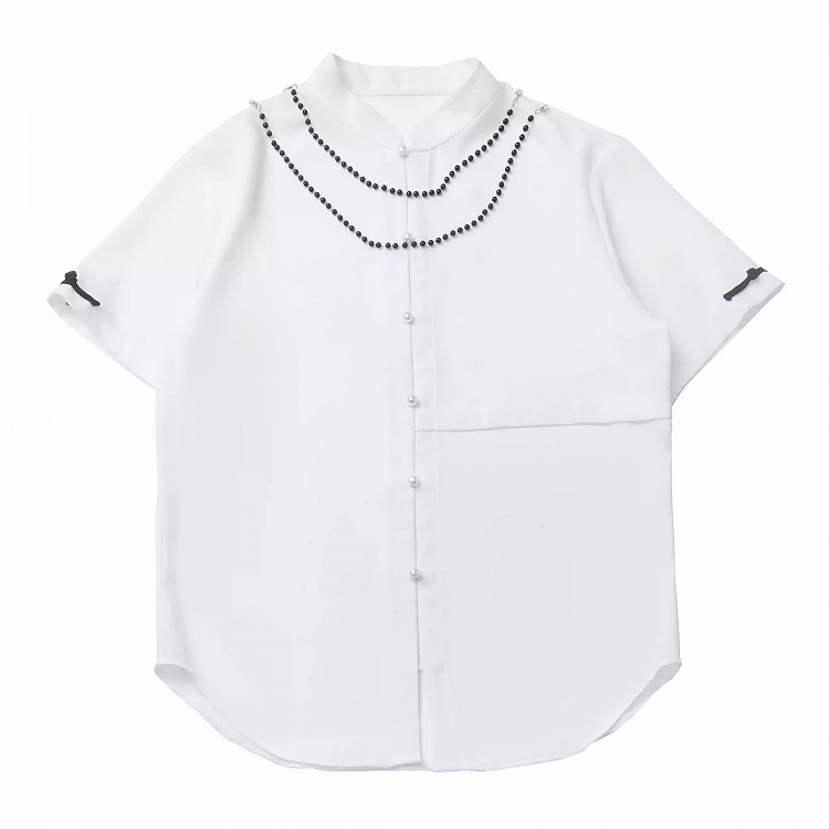 White Banded Collar Cheongsam Style Shirt with Detachable Beaded Chains