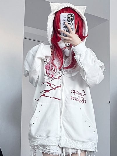 Guro Cat Print Heart Decorated Zip-up And Ear Hoodie White Letter Kawaii Studs
