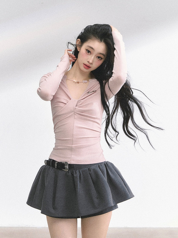 Details Neckline Ruched Light Pink Bead Design Top
