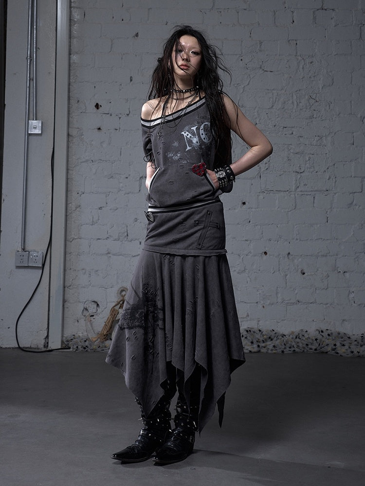 Asymmetrical Neckline Gray/White Wasteland Punk Distressed Dress