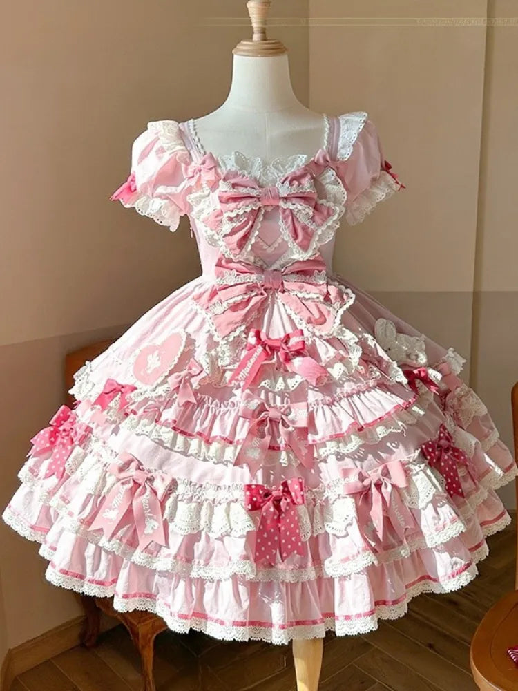 Ruffle Accents Bow Sweet Theme Bunny Piece One Dress Princess Pink Lolita