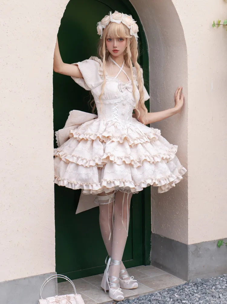 Ruffle Lolita Skirt Princess Corset Waist Dress Champagne OP with