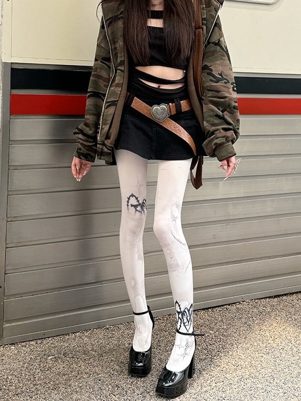 White 100D Punk Print Tights