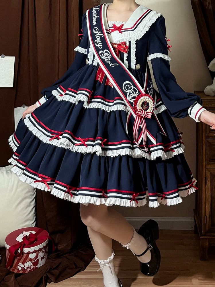 Sailor Set Lolita Navy Summer Dress Skirt Full OP Navycore Tiered Blue