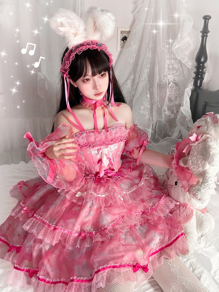 Süßes rosa Lolita-Kleid mit Schleife und Hasenstäbchen aus Satin