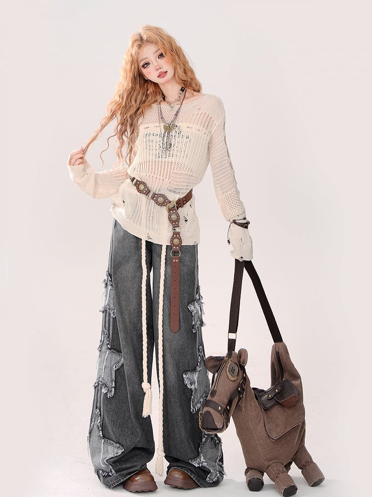Low Grey Waist Wide-Leg Jeans with Frayed Star Patchwork