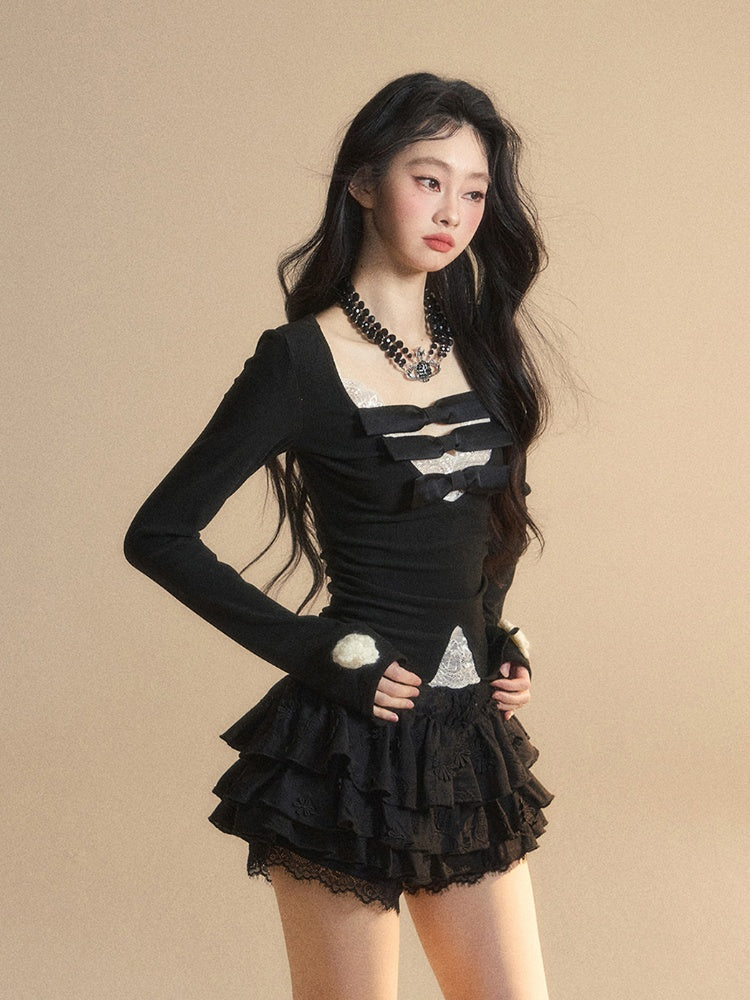 Lace Patches Glamorous Detail Contrast White Bowknots V-neck Black Knitted Top