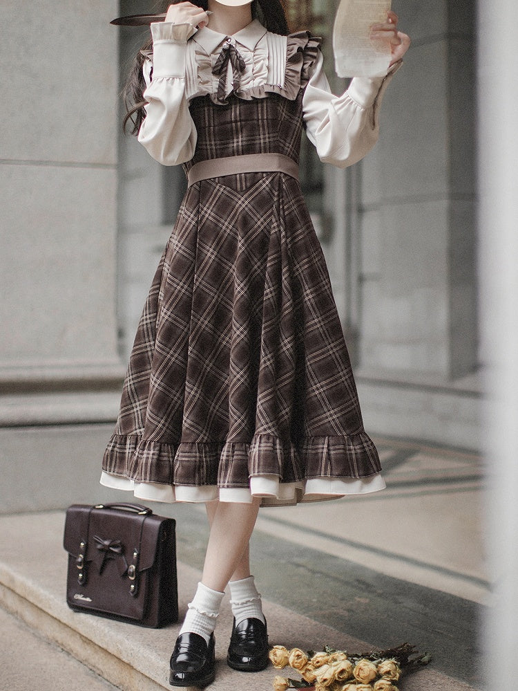 Two-pieces Fake Pattern Plaid Belt with Dress Brown
