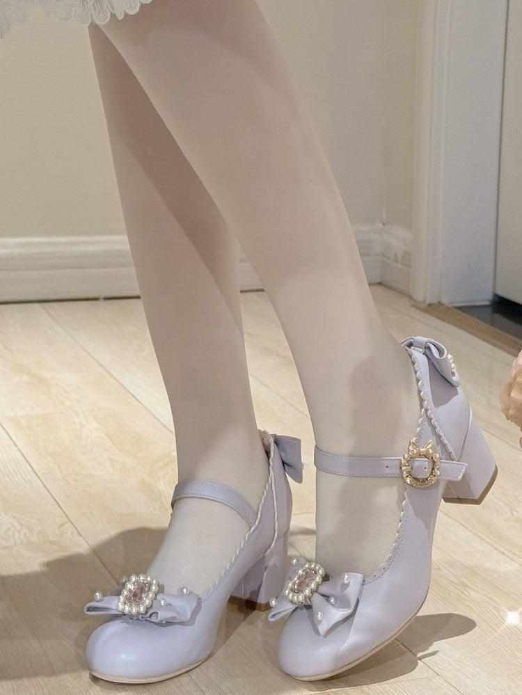 Janes Bowknot Lolita Details Perlen verziert Mary Strass Zehen rund und Schuhe lila