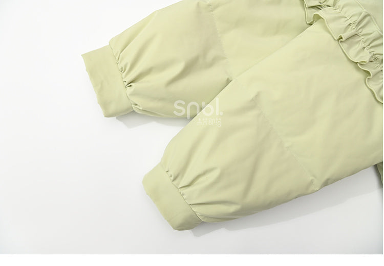 Green Cute Lamb Adorned Hooded Down Coat Ruffle Trim