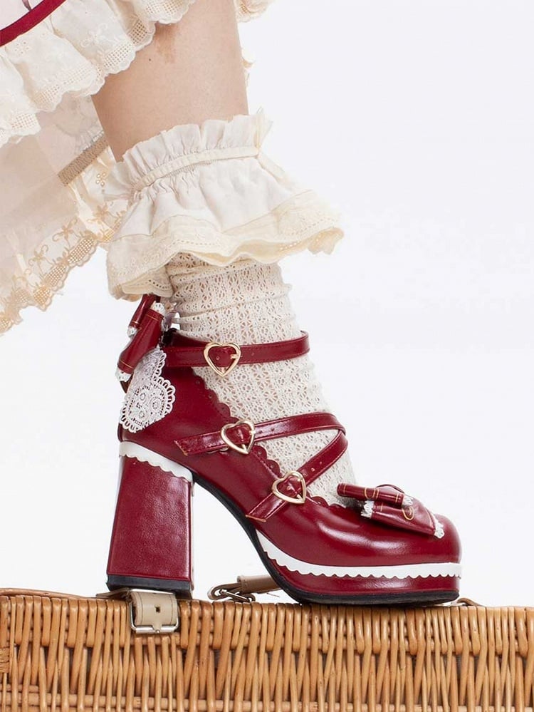 at Crisscross Design Red Block High Detachable Heels Heart Top Bow Buckles