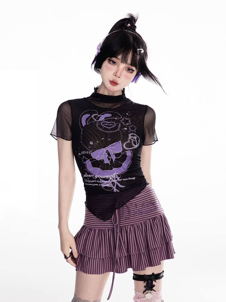 T-shirt Black Mock Neck Mesh Y2K Cute Bunny Print Curved Hem