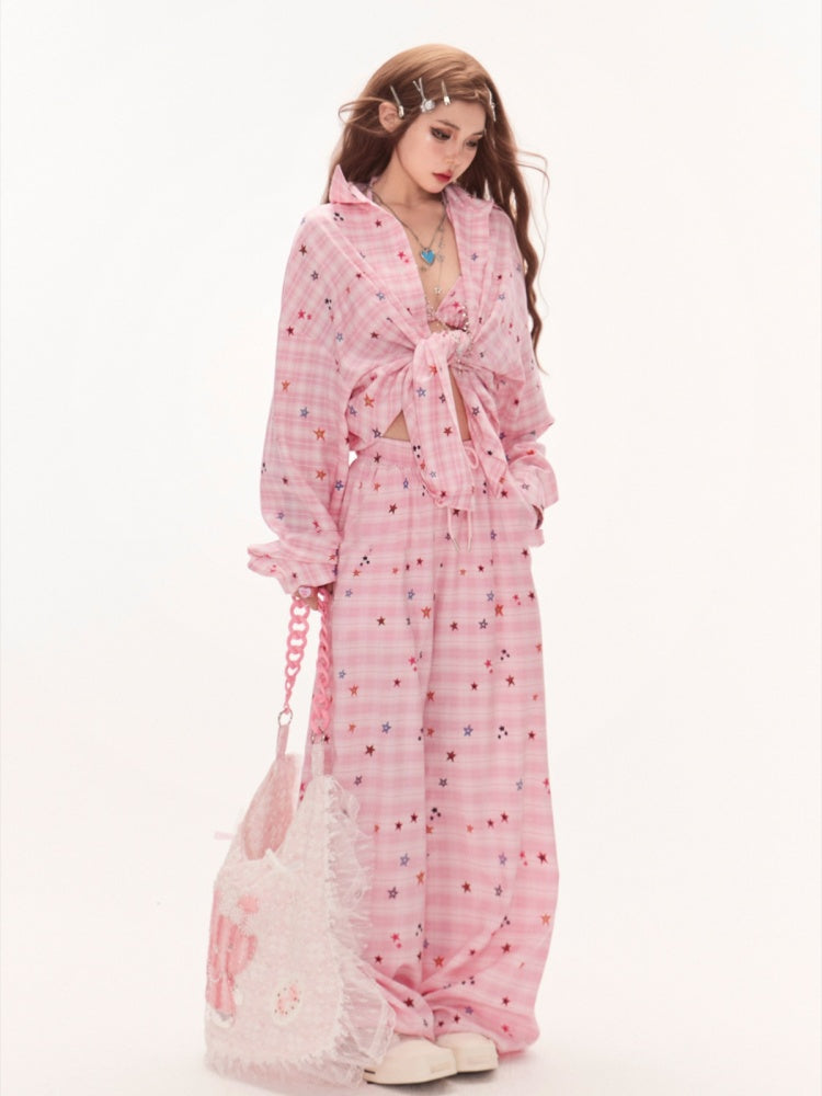 ヴィンテージチェックシャツ柄 ピンクスター