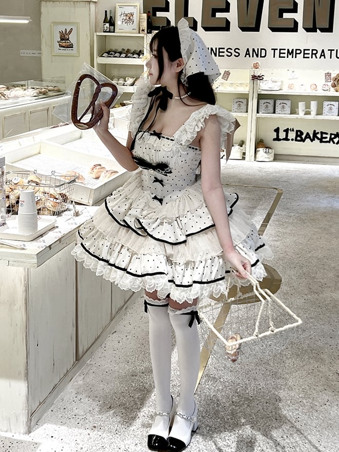 Dress Polka Sweet Tiered Dots Beige Skirt Waist Basque Black