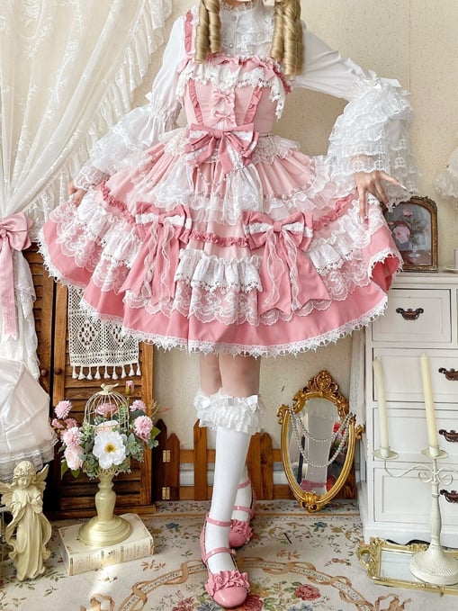 Pink Tiered Lolita Dress Sweet Bows Skirt and Details Bead Detachable