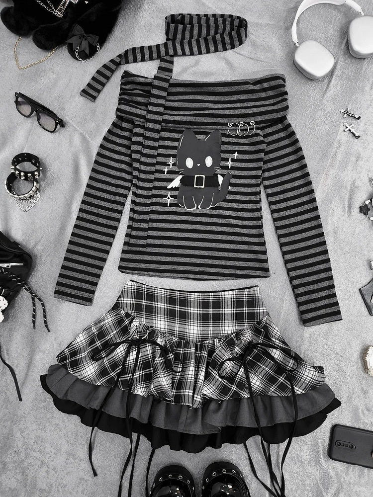 Gray Striped Top Neckline Black and Scarf with Bittersweet Kitten Print Off-the-shoulder