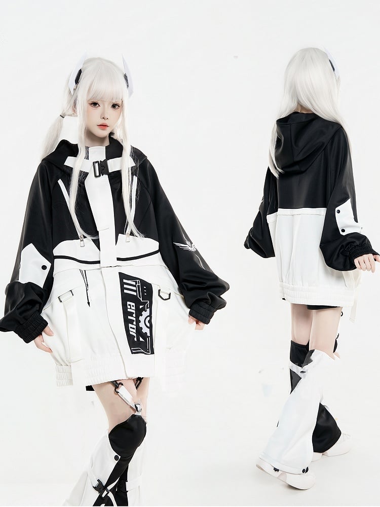 in Futuristic Techwear Detachable White Design Colorblock Landmine Style Black Jacket and