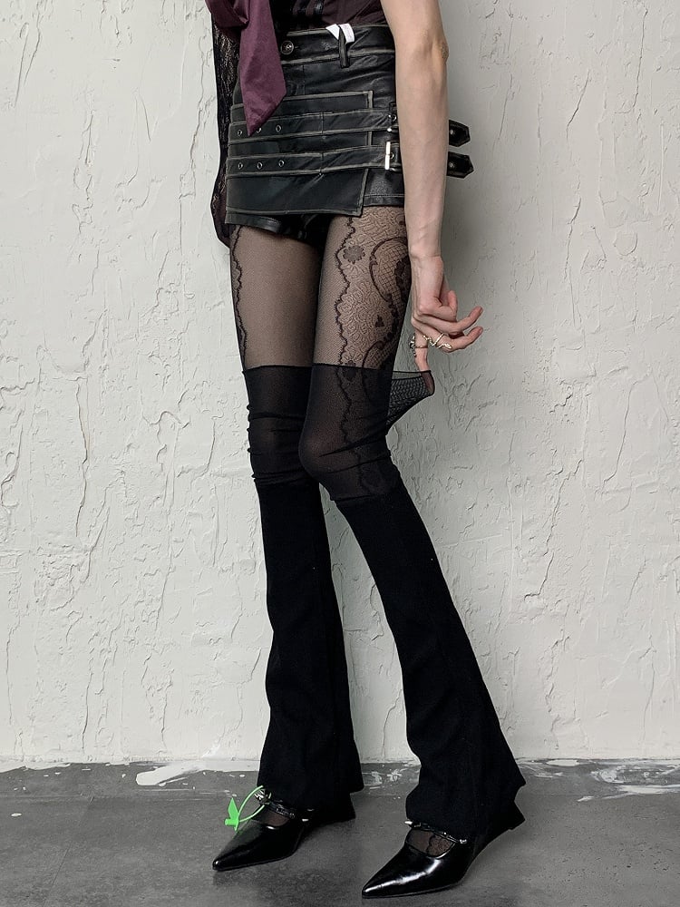 Black/White Pattern Floral Semi-sheer Side Y2K Tights