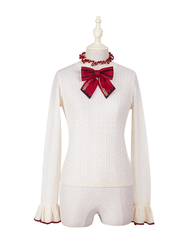 Ruffle Aprioct with Bowknot Long Top Red Sleeves Neckline