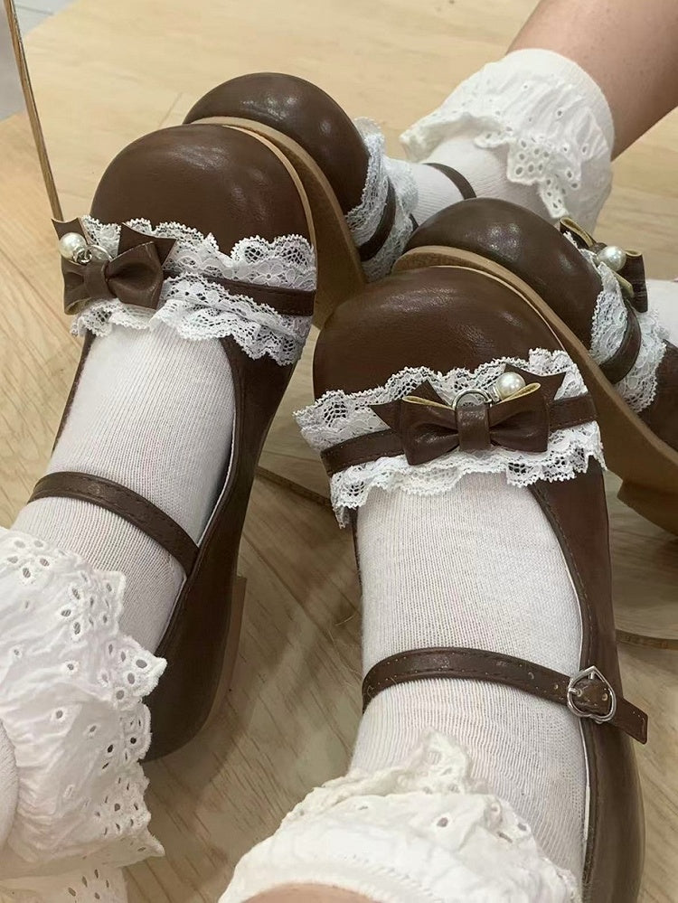 Round Janes with Lolita Charm Toe Buckle Sweet Trim - Heel Heart Bead 1cm/3.5cm Brown Bow Mary PU Lace